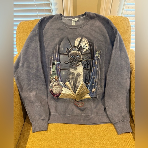 Lisa Parker Siamese Cat Witch Magic Spells Gray Halloween Sweatshirt Medium - Picture 1 of 8